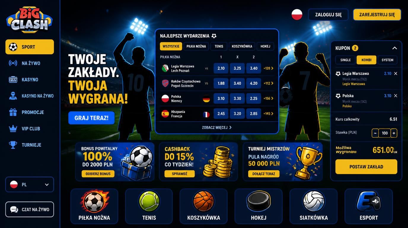 Interfejs sportsbooku na tle stadionu nocą z elementami polskimi.