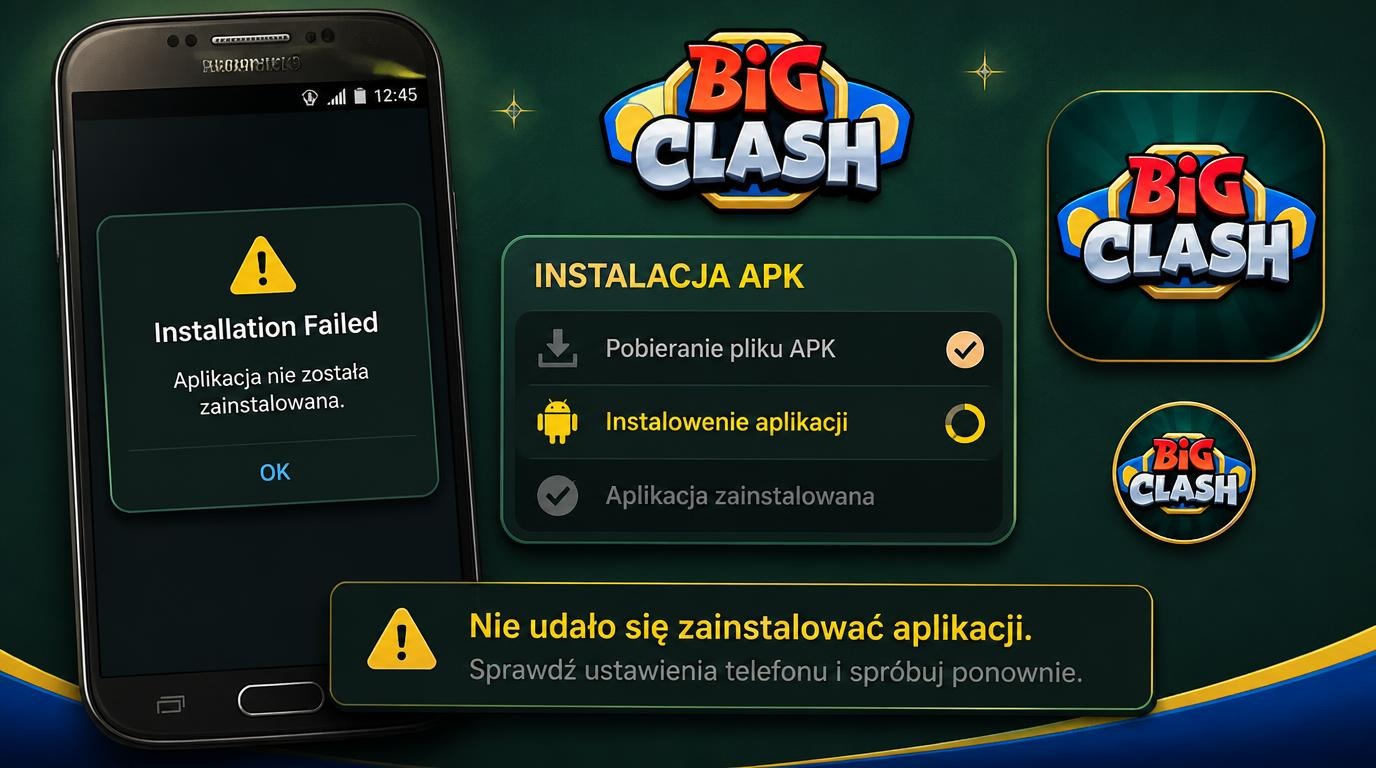 Ekran błędu instalacji aplikacji Bigclash Casino na Androidzie, instrukcje naprawy i pamięć urządzenia.