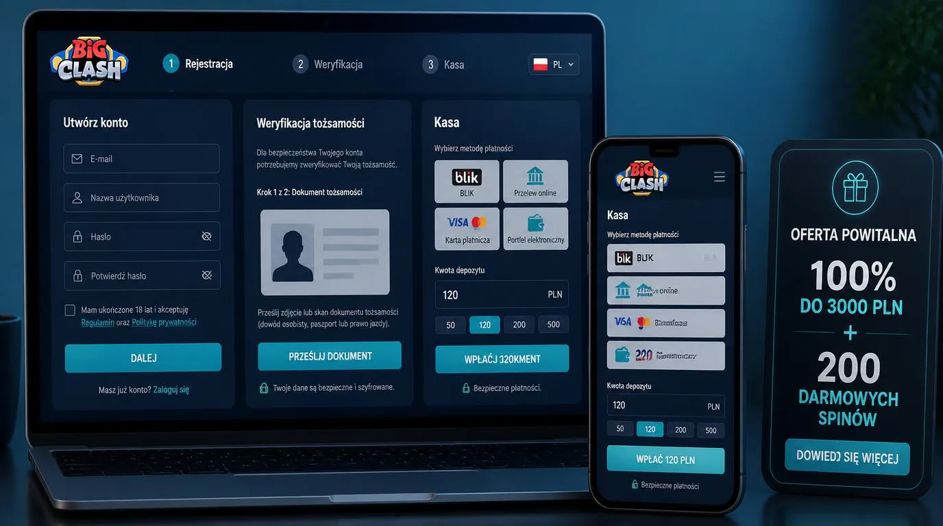 Ekran rejestracji, weryfikacji tożsamości i wyboru metody wpłaty w kasynie online