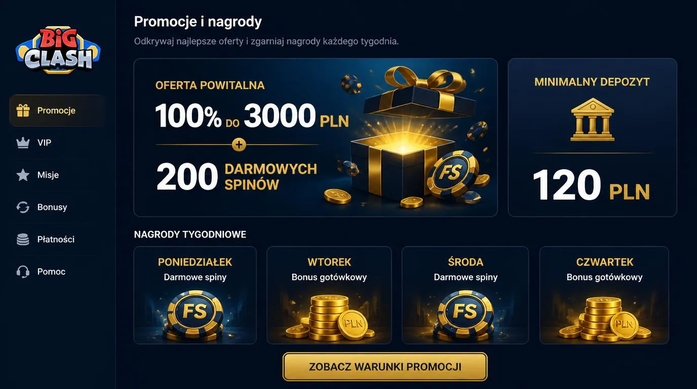 Panel promocji kasyna z bonusem powitalnym, minimalnym depozytem i kafelkami tygodniowych nagród