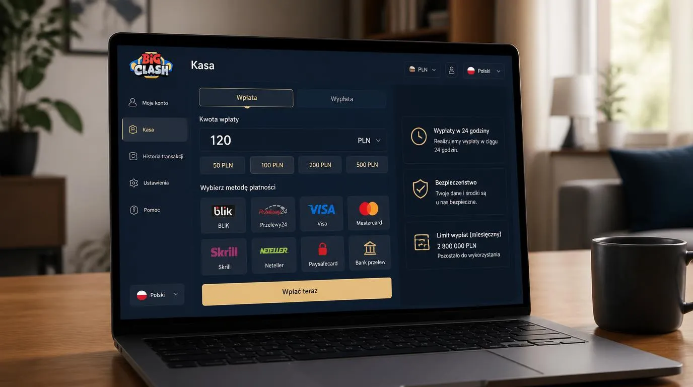 Polski panel kasy z wpłatą 120 PLN, wyborem waluty oraz informacją o wypłacie w 24 godziny