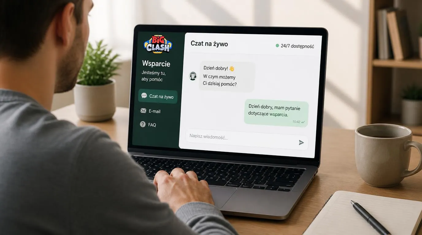 Laptop z czatem dostępnym całą dobę oraz ikonami poczty e-mail i strony FAQ